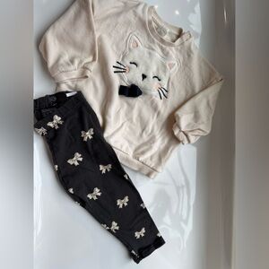 H&M Baby Girl Outfit – Cat Sweatshirt & Bow Leggings (Size 18M)